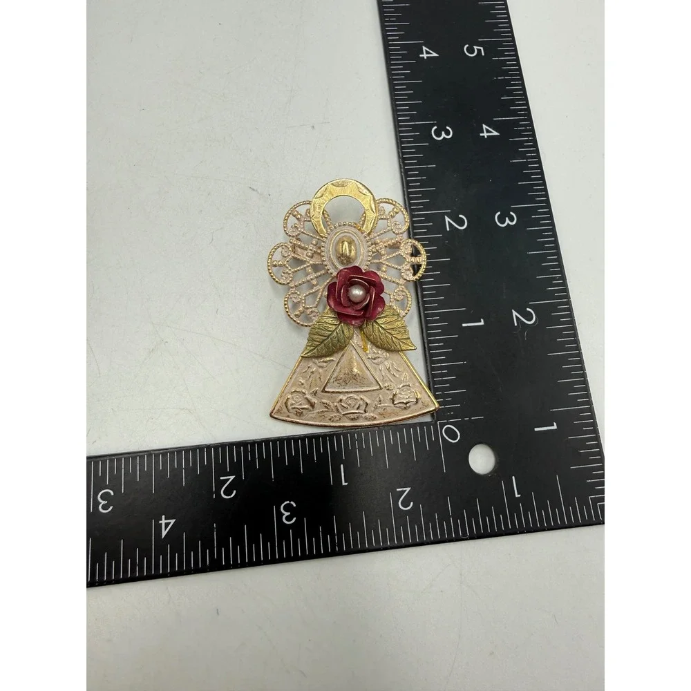 Vintage Angel Brooch Gold Tone Filigree Red Rose Faux Pearl Enamel Pin